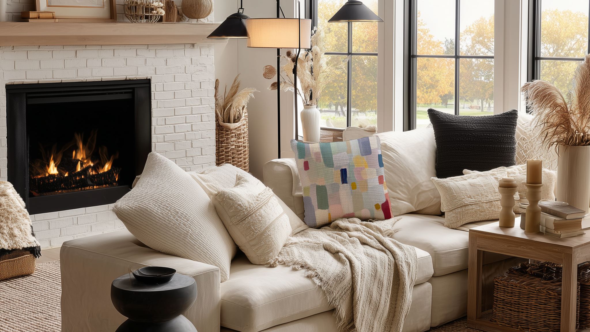 Cozy living room with a fireplace, sectional sofa, and decorative pillows.
