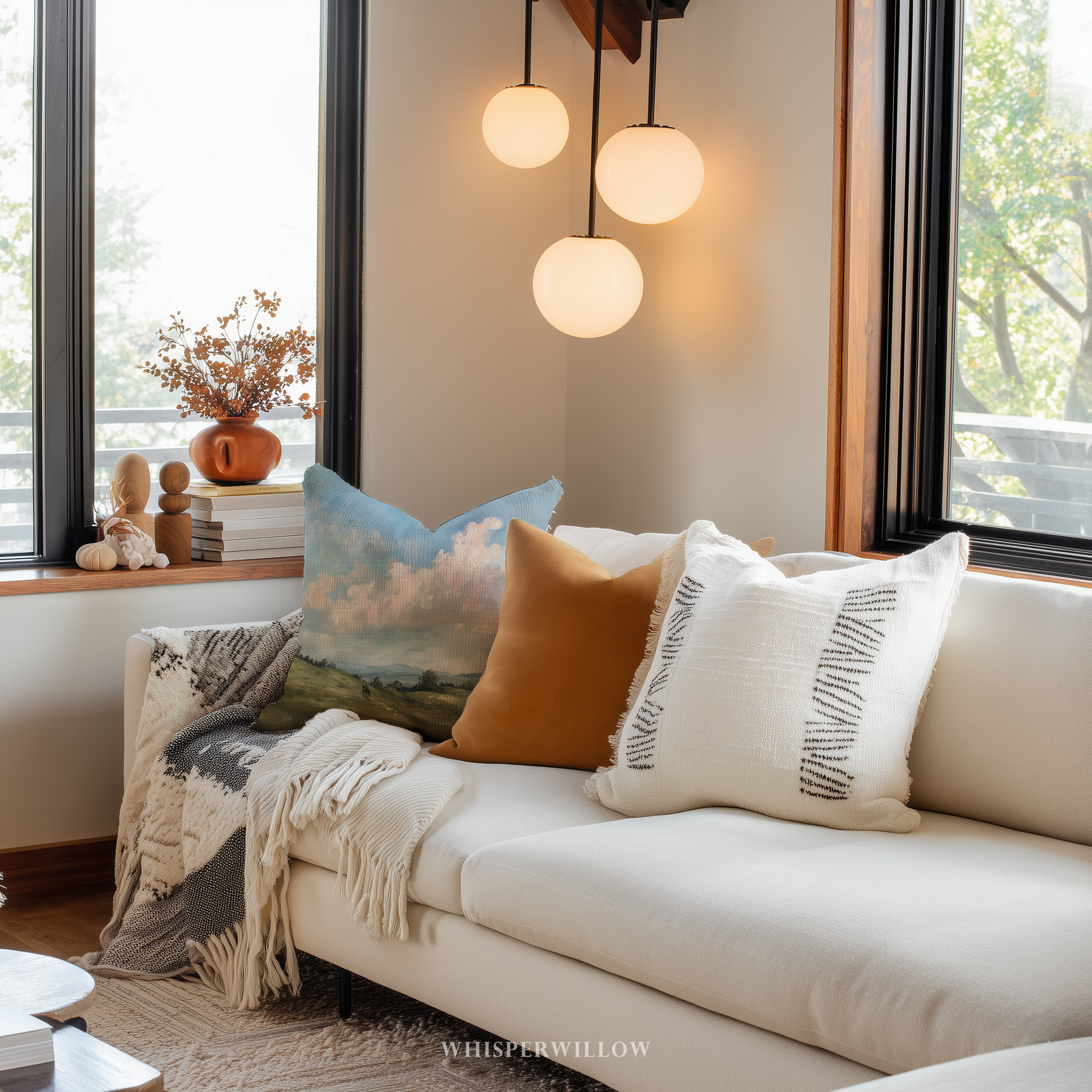 Dekokissen „Landschaftspferdewiese“ – Pastellfarbenes Wolkenlandschaftskissen