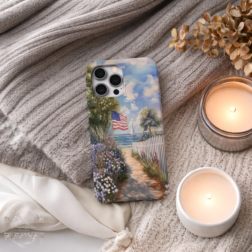 Coastal Art Phone Case | Compatible with iPhone Models | USA Flag Beach Sailboat Ocean Colorful Aesthetic