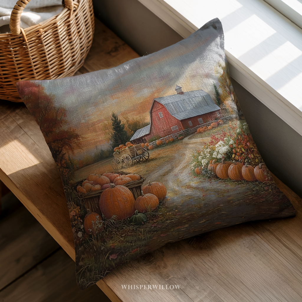Autumn Pumpkin Farm Throw Pillow and Case - Red Barn Fall Harvest Landscape Country Decor Gift by WhisperWillow Studios