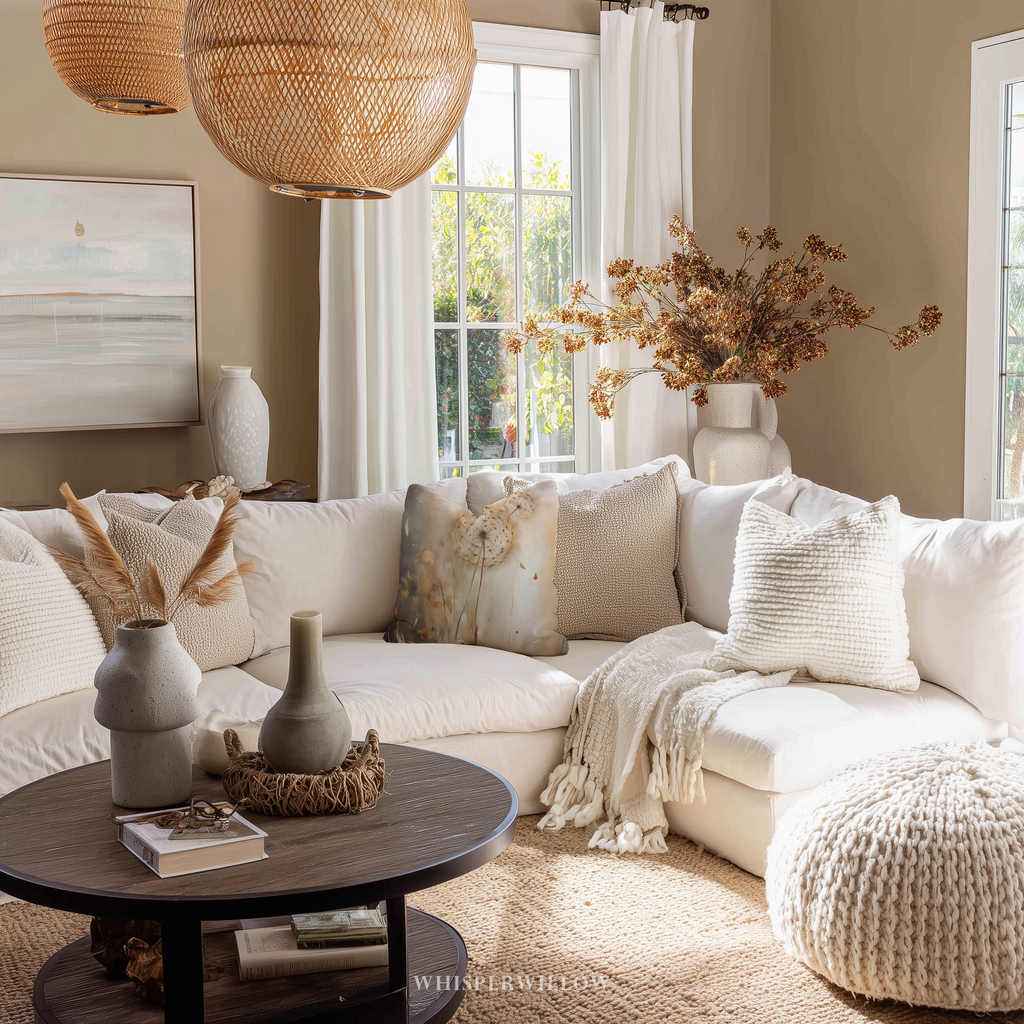 Neutrales Löwenzahn-Dekokissen – Stimmungsvolles florales Naturkissen