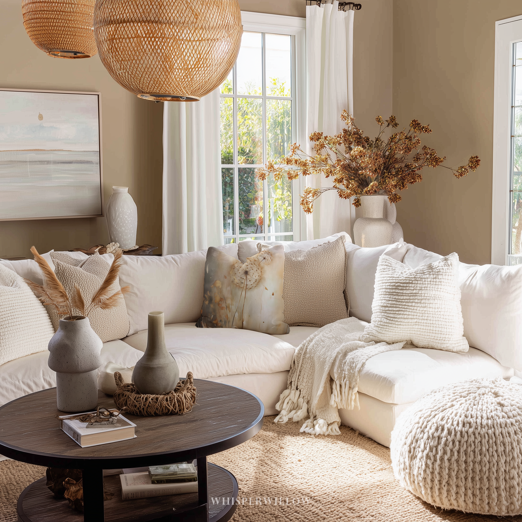 Neutrales Löwenzahn-Dekokissen – Stimmungsvolles florales Naturkissen