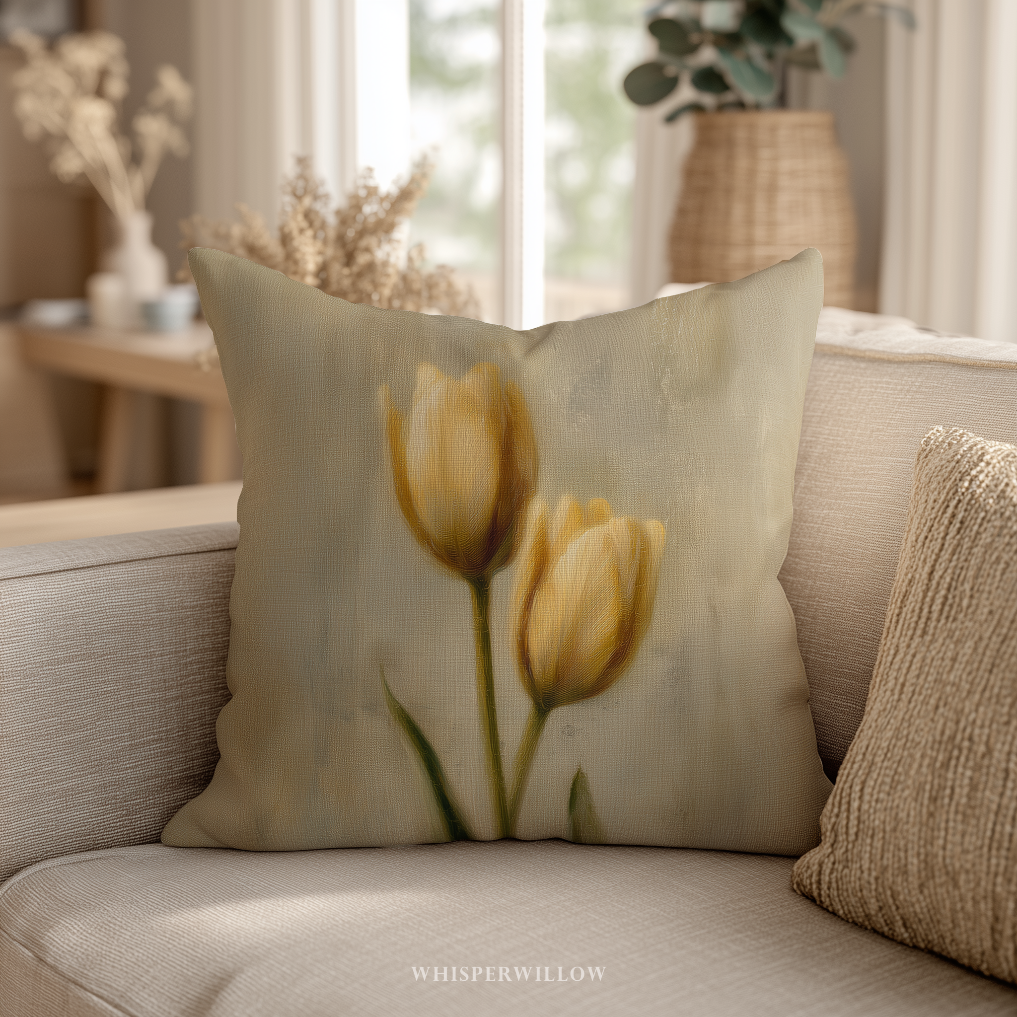 Muted Yellow Tulips Throw Pillow | Vintage Floral Botanical Cushion | Farmhouse Cottage Spring Decor | Square & Lumbar Sizes