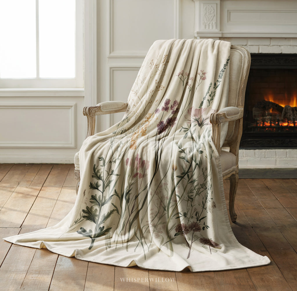 Wildflower Botanical Plush Throw Blanket | Vintage Meadow Floral Cottagecore | Neutral Garden Decor Gift