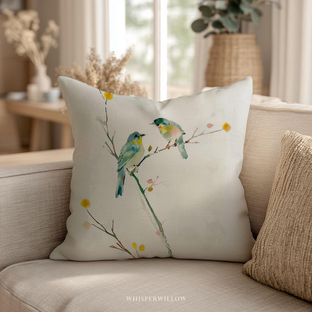 Watercolor Bird Throw Pillow and Case - Blue Yellow Spring Branch Accent Cushion Nature Decor by WhisperWillow Studios Home Decor Gift