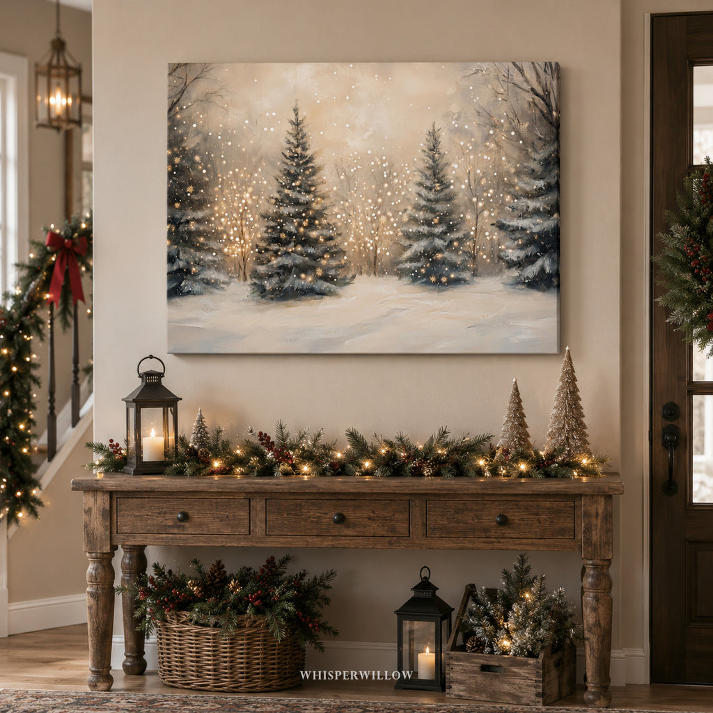 Tableau sur toile « Sapin de Noël illuminé » - Forêt hivernale enneigée et féerique