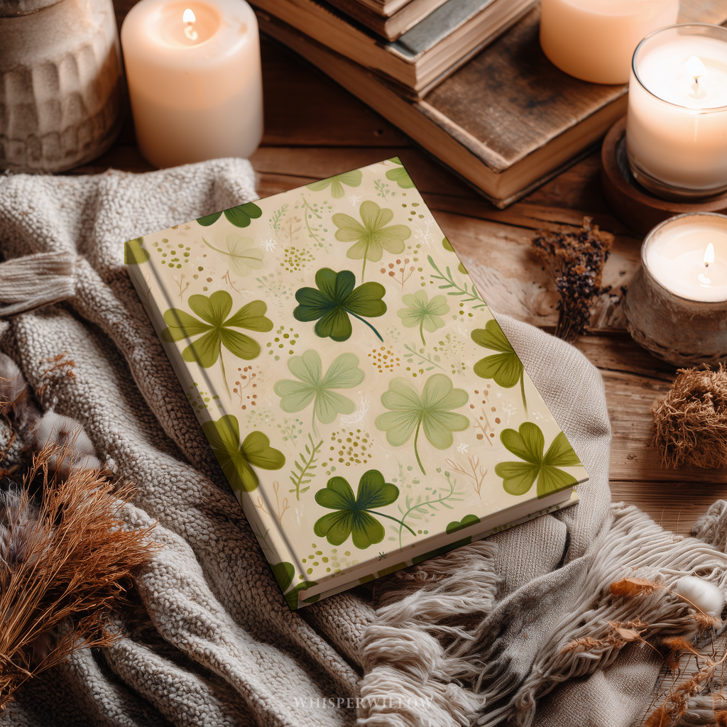 St Patrick Shamrock Hardcover Journal, Floral Clover Premium Notebook, Green Botanical Design, 8x5.75 Lined Pages Gift