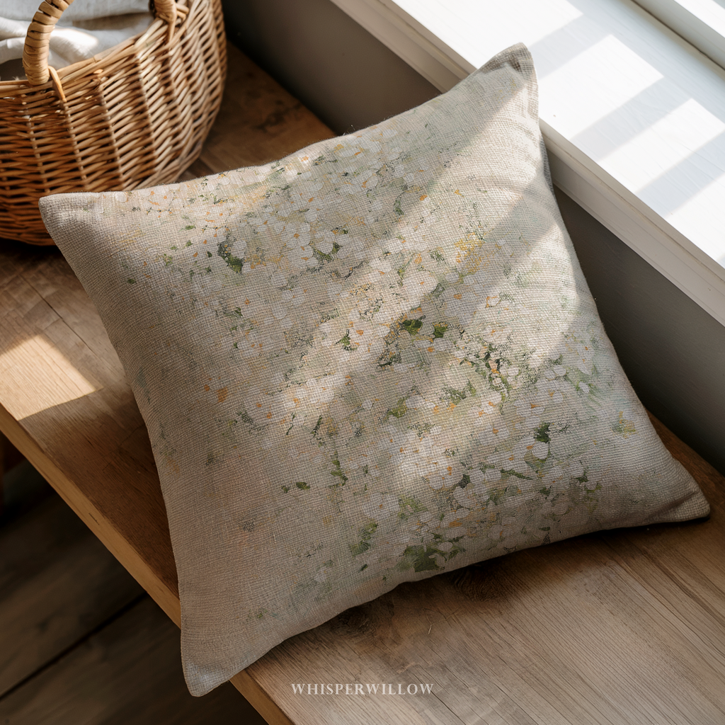 Cream Floral Abstract Throw Pillow - Soft Neutral White Botanical Art Decor Cushion by WhisperWillow Studios Home Decor Gift