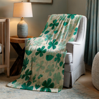 St Patrick Shamrock Clover Throw Blanket, Teal Green Floral Design, Lucky Irish Pattern, Cozy Plush Gift for Kids and Adults