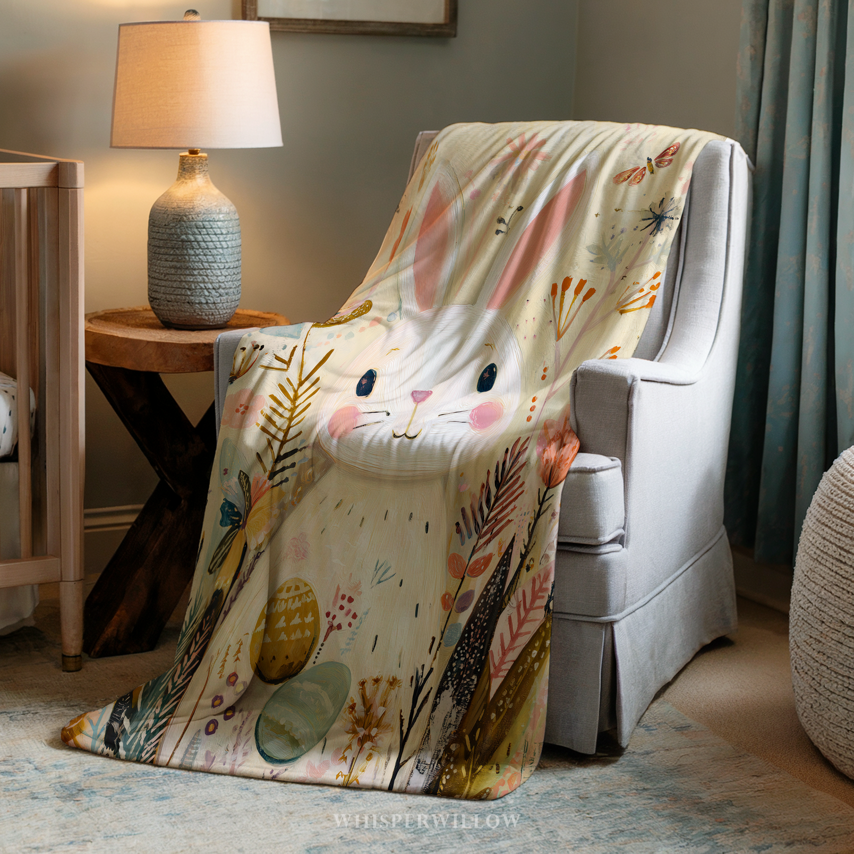 Whimsical Easter Bunny Throw Blanket, Spring Pastel Floral Design, Cute Rabbit Cottagecore Nursery, Cozy Plush Gift for Kids Gift