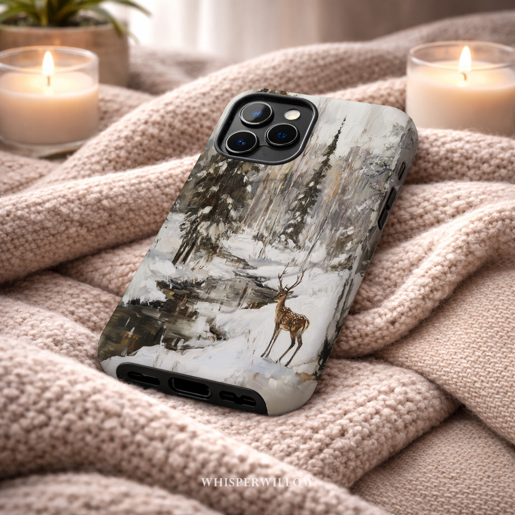 Aesthetic Winter Deer Phone Case | Compatible with MagSafe Charging | Forest Snow Wildlife Art | Gift for Him