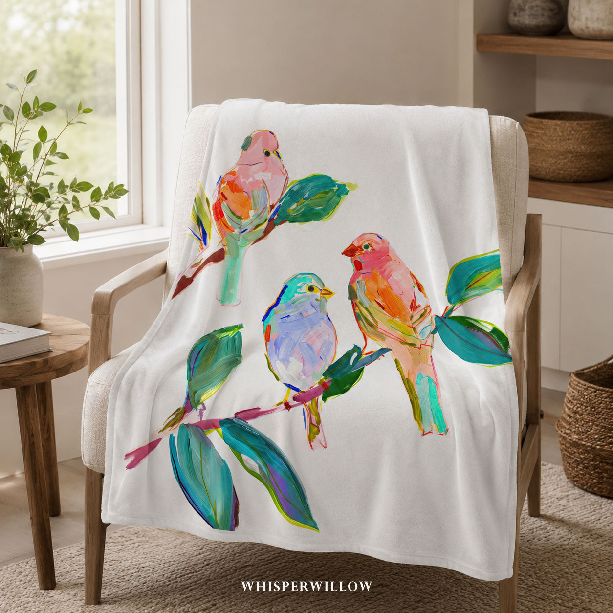 Colorful Songbird Plush Throw Blanket | Botanical Nature Decor | Cottagecore Bedding | Bird Lover Gift | Floral Home Accent