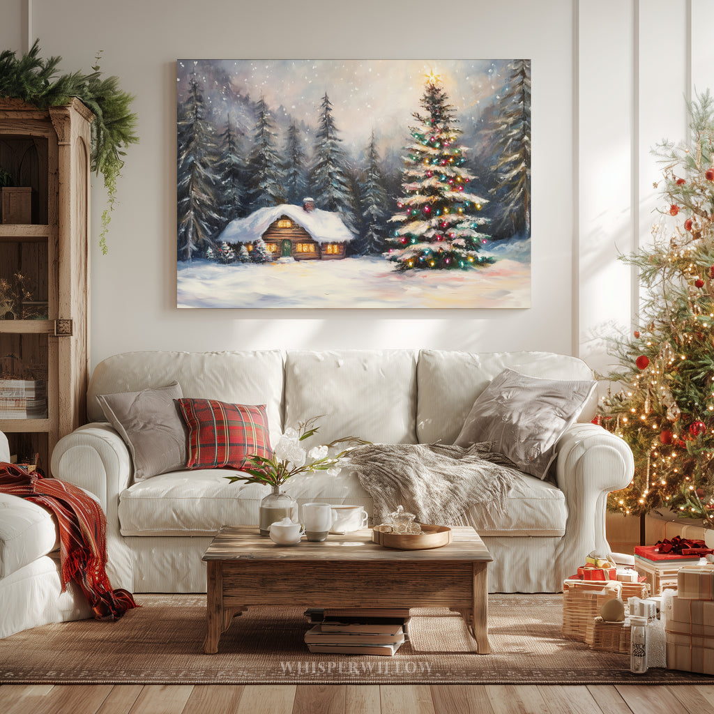 Winterliches Leinwandbild | Gemütliche Hütte mit verschneitem Wald und Weihnachtsbaum | Rustikale Dekoration für die Feiertage – das perfekte Geschenk