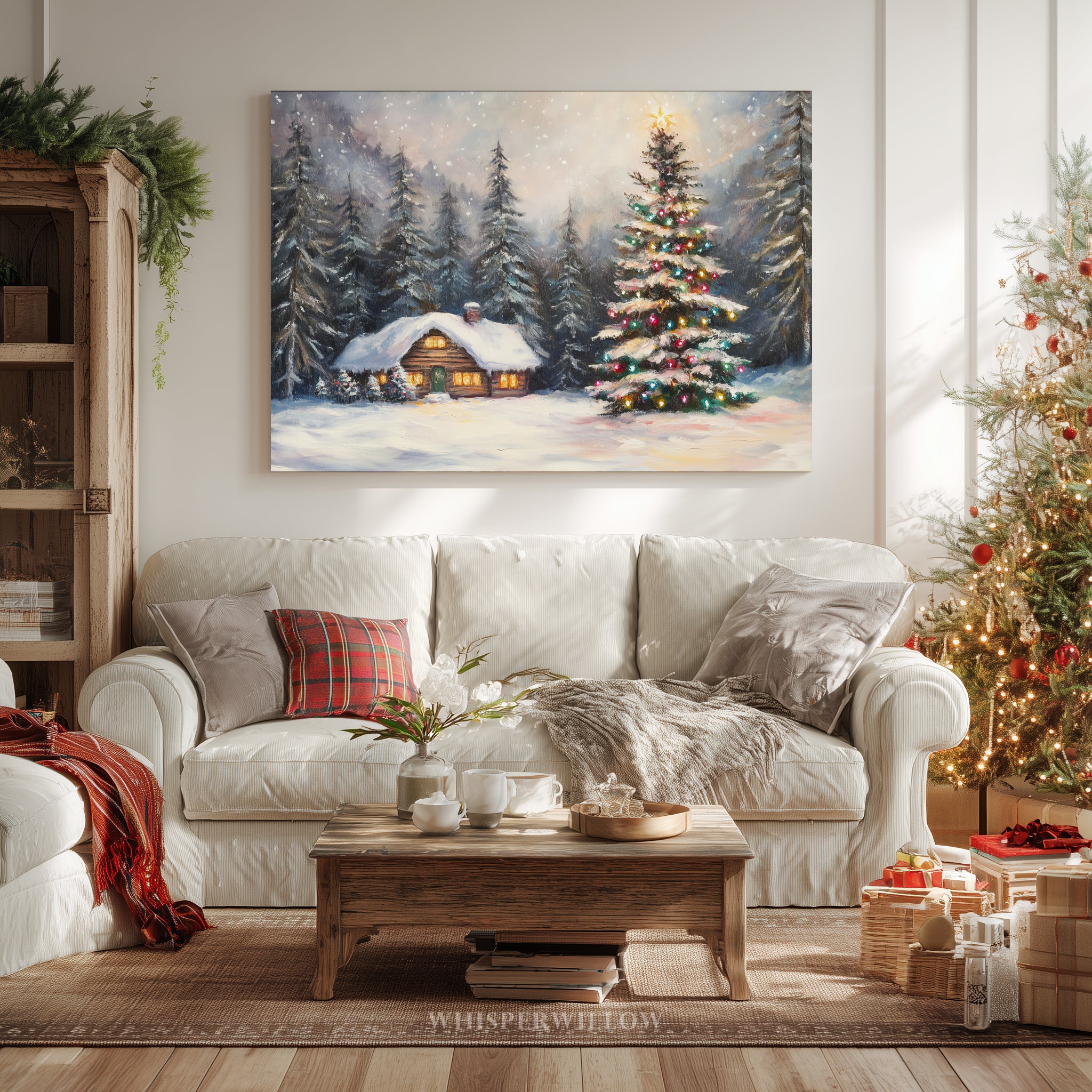 Winterliches Leinwandbild | Gemütliche Hütte mit verschneitem Wald und Weihnachtsbaum | Rustikale Dekoration für die Feiertage – das perfekte Geschenk