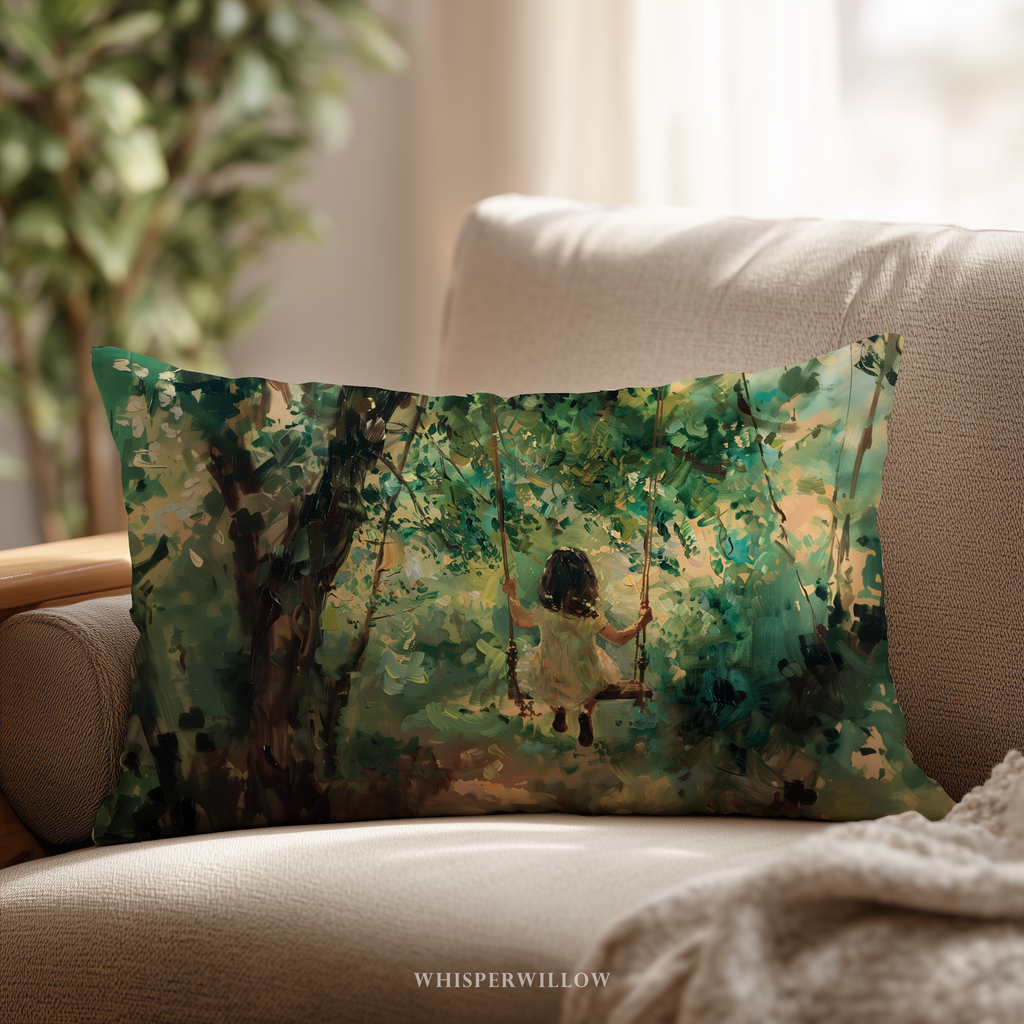 Kissen „Kind auf Baumschaukel“ – Kissen „Verzauberter Vintage-Wald“