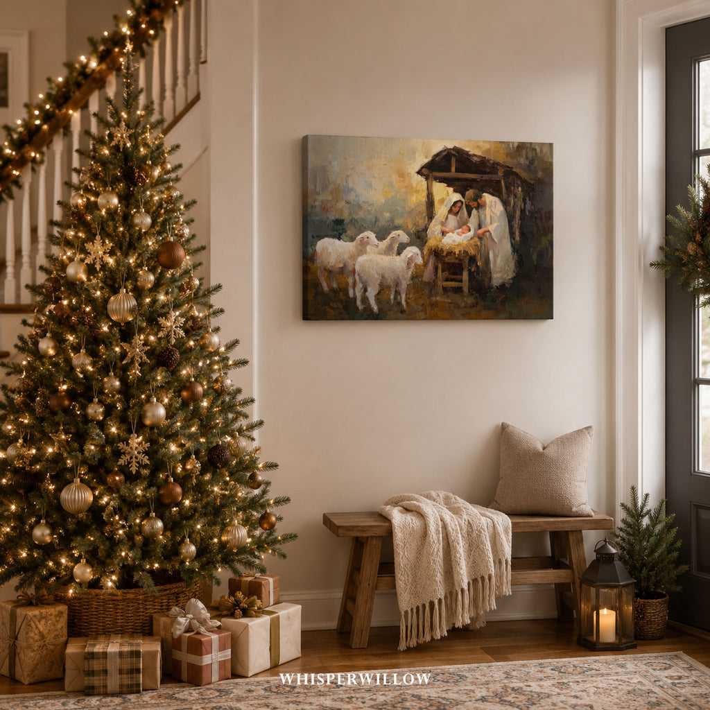Weihnachtskrippe als Leinwandbild – Heilige Familie, Jesuskind, Krippe mit Schafen