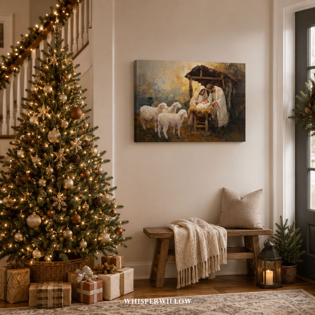 Weihnachtskrippe als Leinwandbild – Heilige Familie, Jesuskind, Krippe mit Schafen