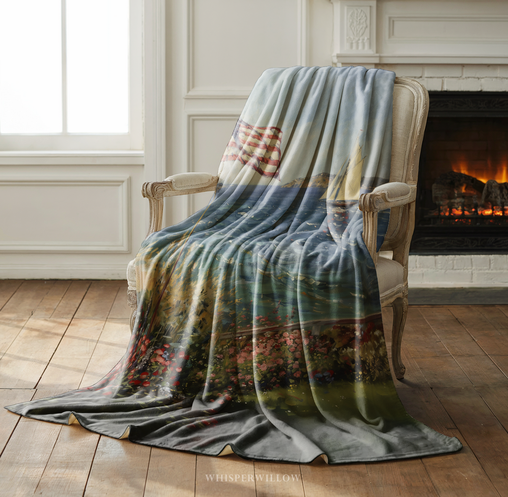 American Flag Coastal Throw Blanket - Ocean Nautical Sailboat Floral Gift