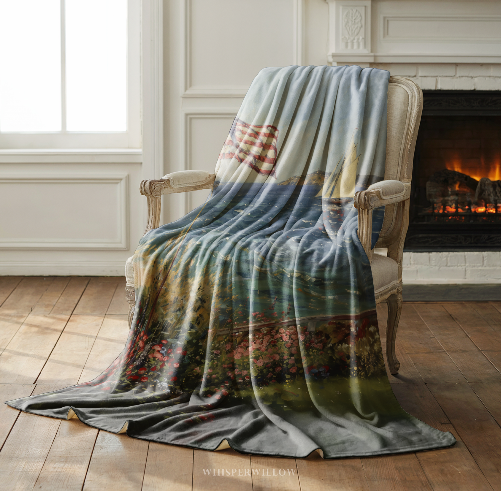 American Flag Coastal Throw Blanket - Ocean Nautical Sailboat Floral Gift
