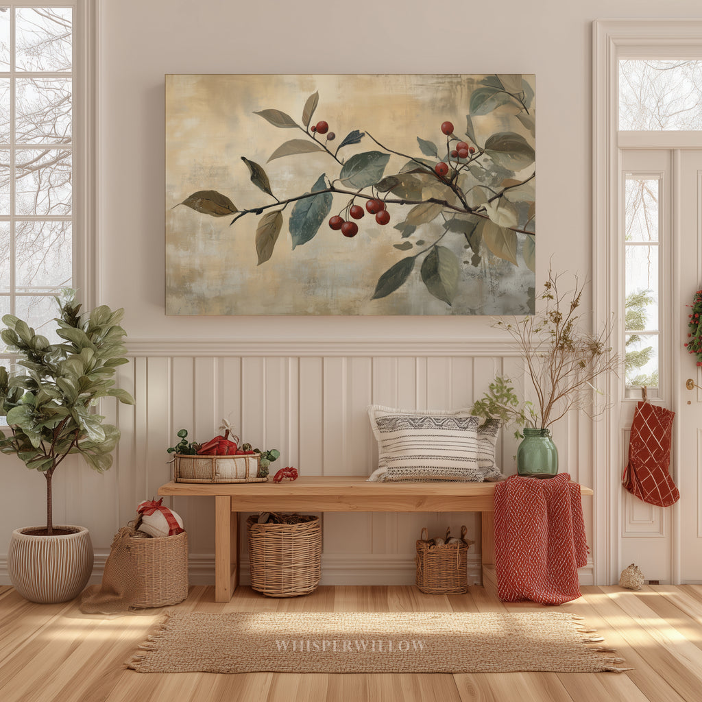 Leinwandbild | Rustikaler Zweig mit roten Beeren | Weihnachts- und Herbstdekoration