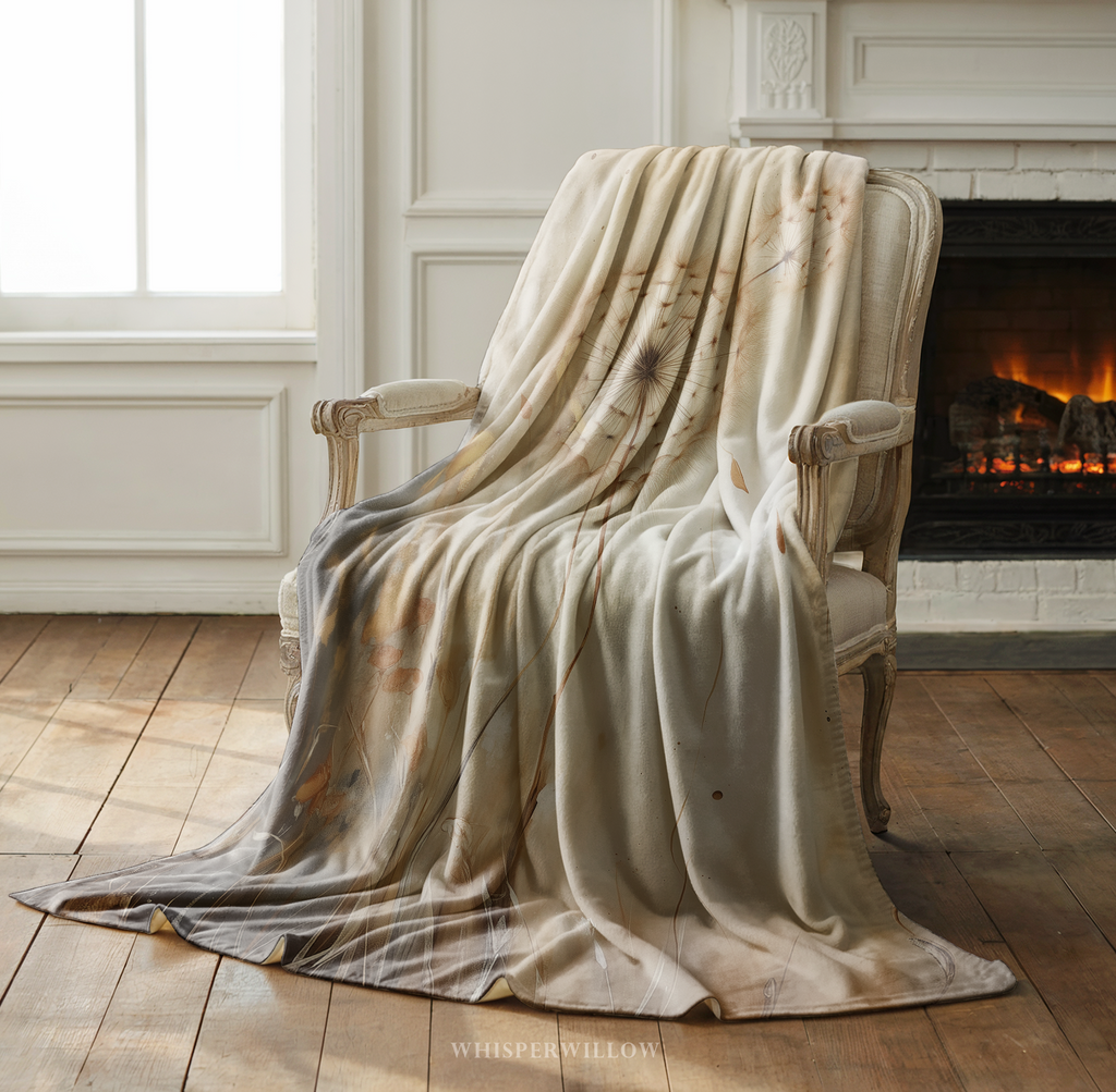 Dandelion Heart Throw Blanket - Neutral Botanical Watercolor Floral Gift