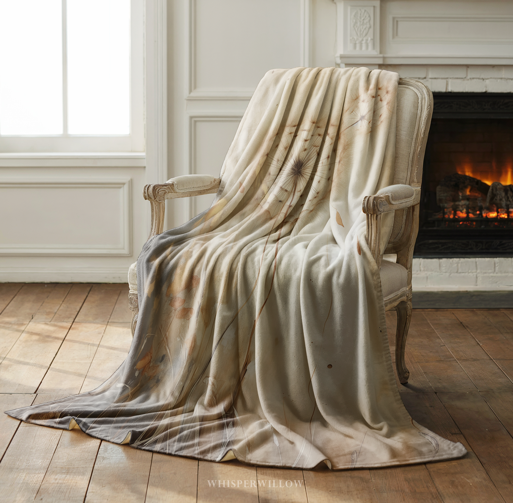 Dandelion Heart Throw Blanket - Neutral Botanical Watercolor Floral Gift