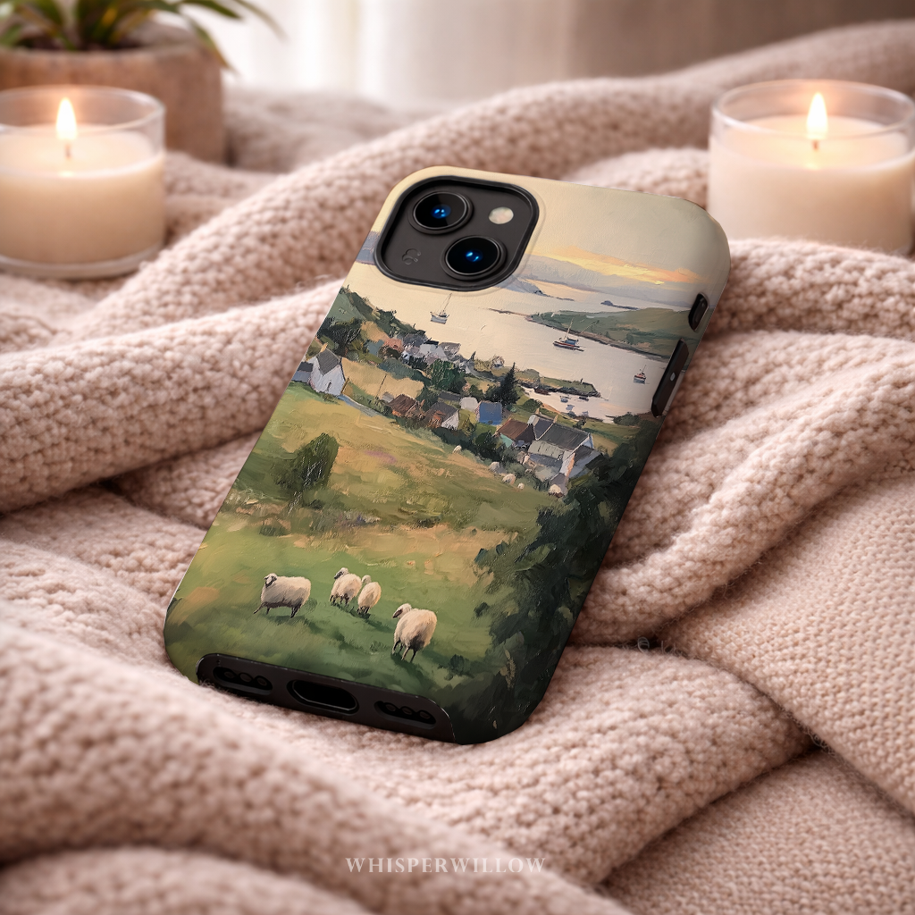 Coastal Sheep Meadow Phone Case | iPhone Compatible | Irish Harbor Village Scenic Cover
