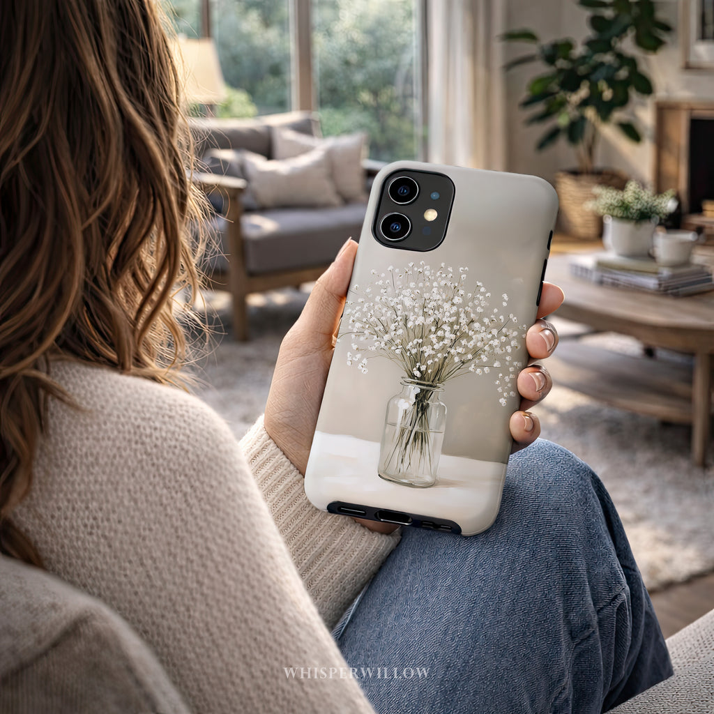 Floral Phone Case Compatible with iPhone – Neutral Baby's Breath Botanical Bouquet, Aesthetic Cute White Minimalist Art Design
