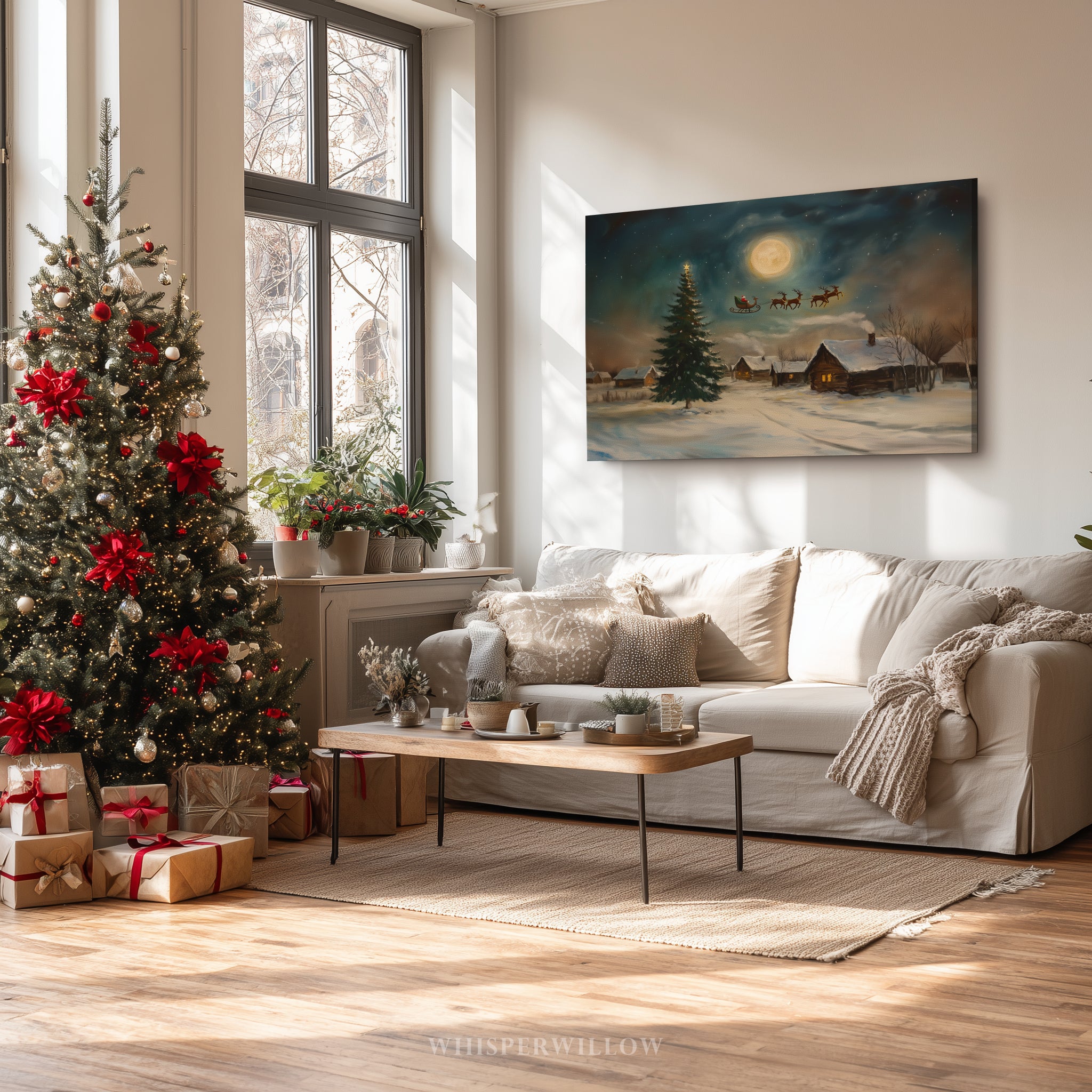 Weihnachtsdorf-Leinwandbild – Weihnachtsmannschlitten über mondbeschienener Szene, zauberhafte Rentiernacht