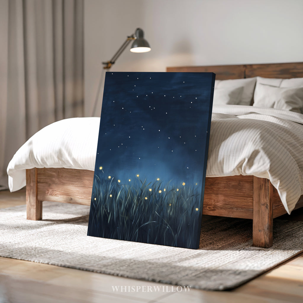 Glühwürmchen-Leinwandbild – Leuchtende Käfer, Sternennacht, dunkelblauer, funkelnder Himmel, magisch
