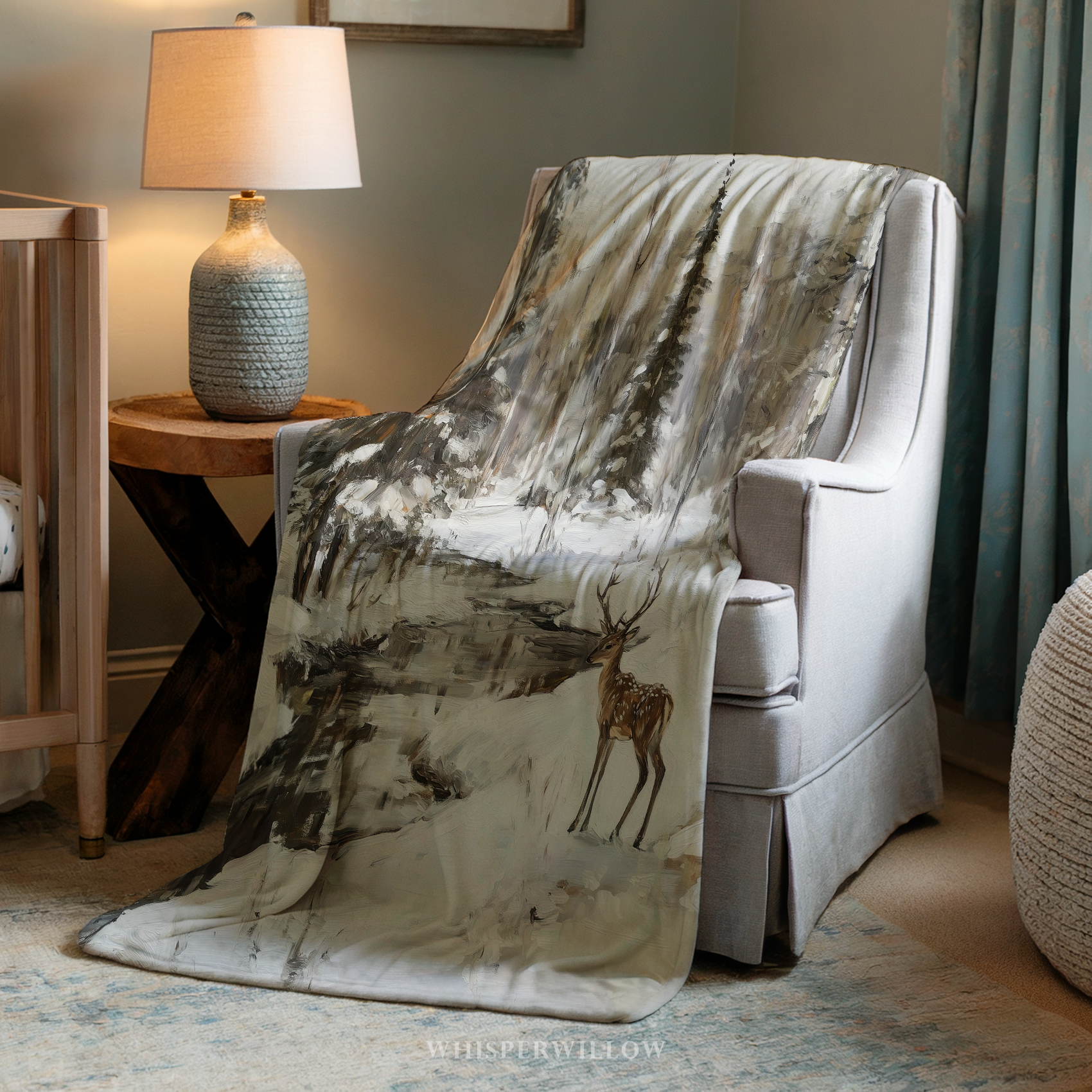 Winter Deer Forest Throw Blanket - Snowy Woodland Stream Gift