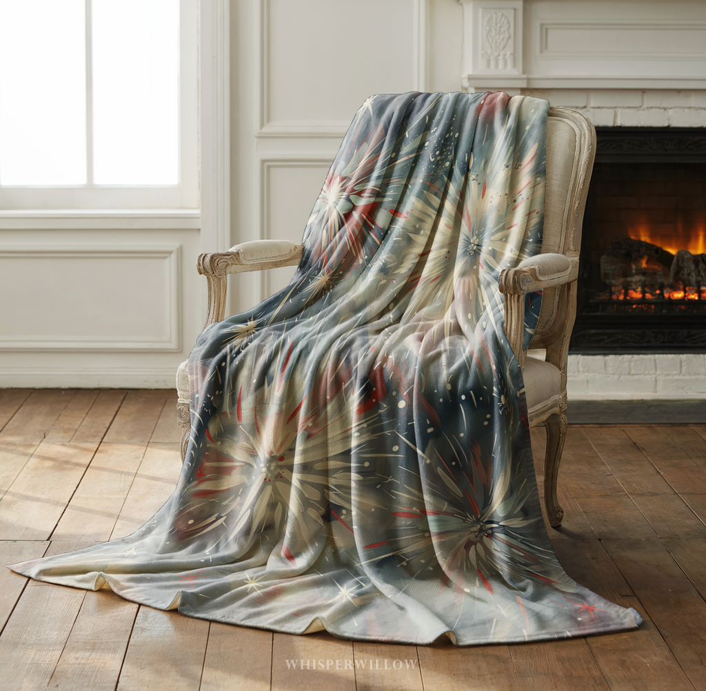 Abstract Fireworks Throw Blanket - Patriotic Red White Blue Gift