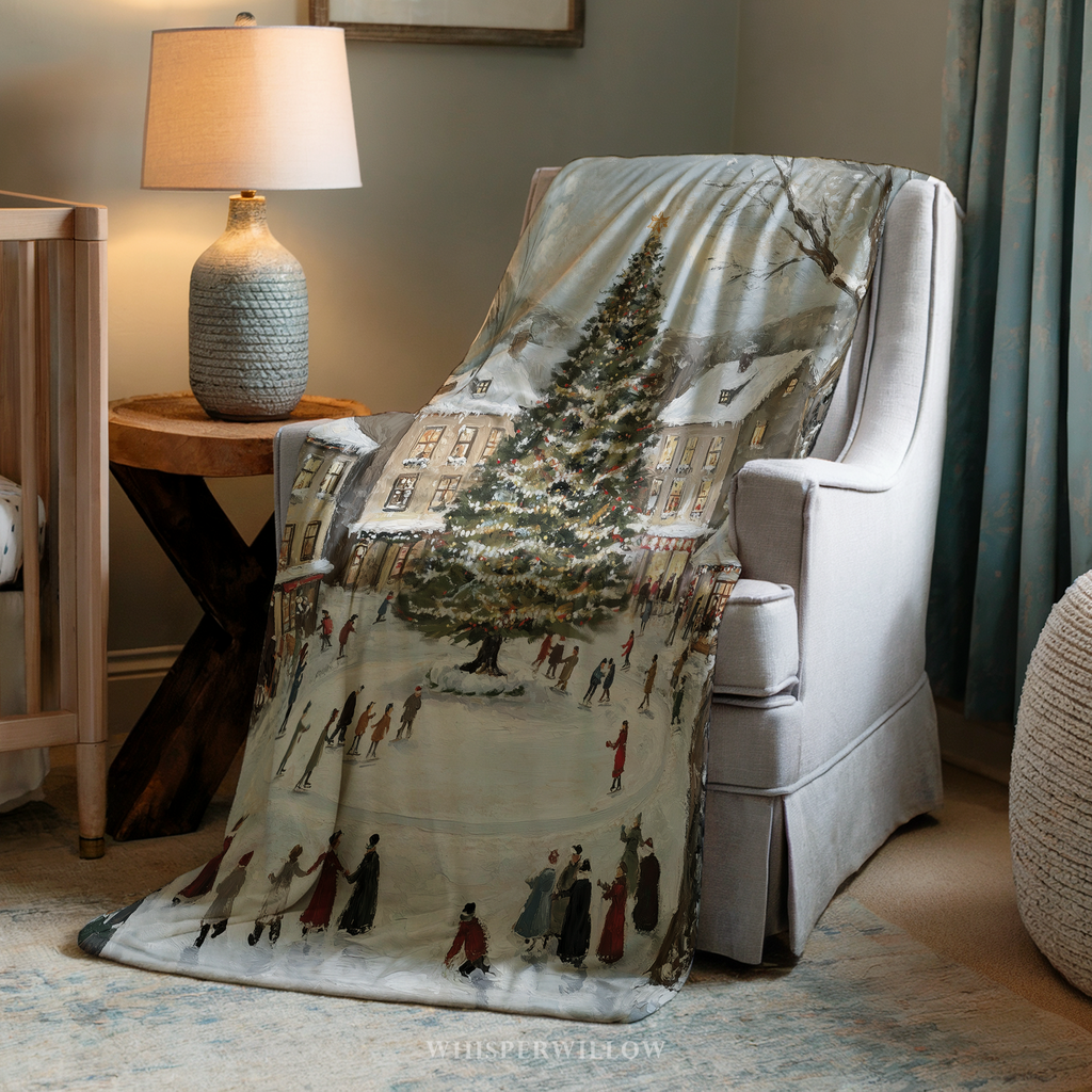 Snowy Village Christmas Throw Blanket - Winter Tree Ice Skating Gift