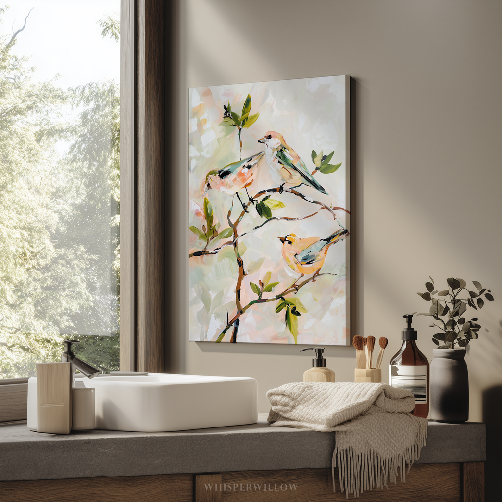Leinwandbild „Pastellfarbene Singvögel“ – Neutrale botanische Zweige, Frühlingshaus, Natur-Tier-Vogel-Dekoration