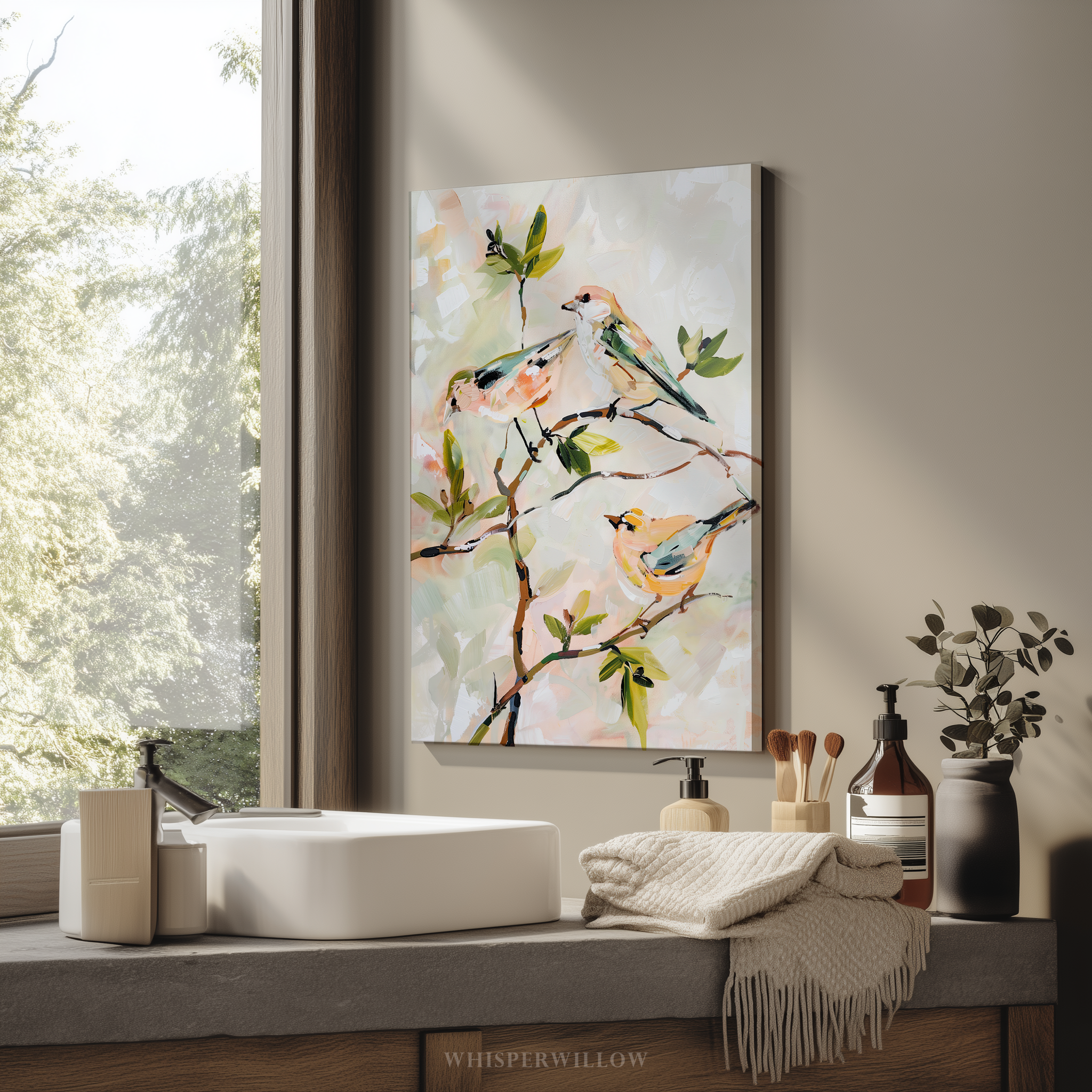 Leinwandbild „Pastellfarbene Singvögel“ – Neutrale botanische Zweige, Frühlingshaus, Natur-Tier-Vogel-Dekoration