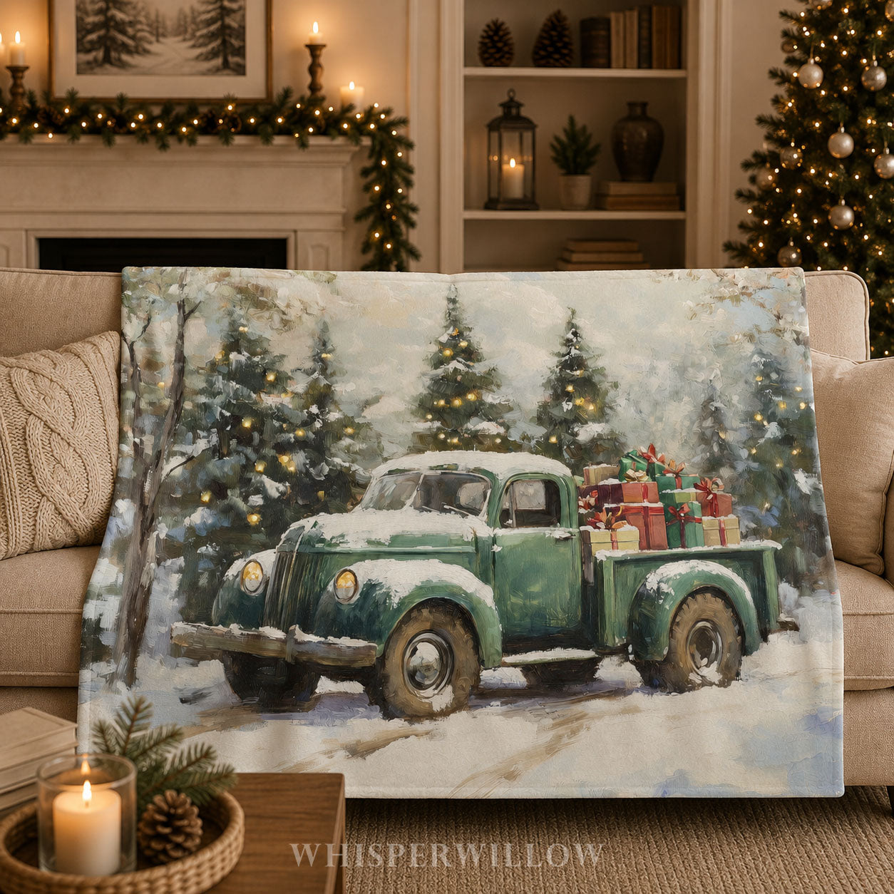 Vintage Christmas Truck Plush Throw Blanket - Snowy Forest Gift by WhisperWillow Studios