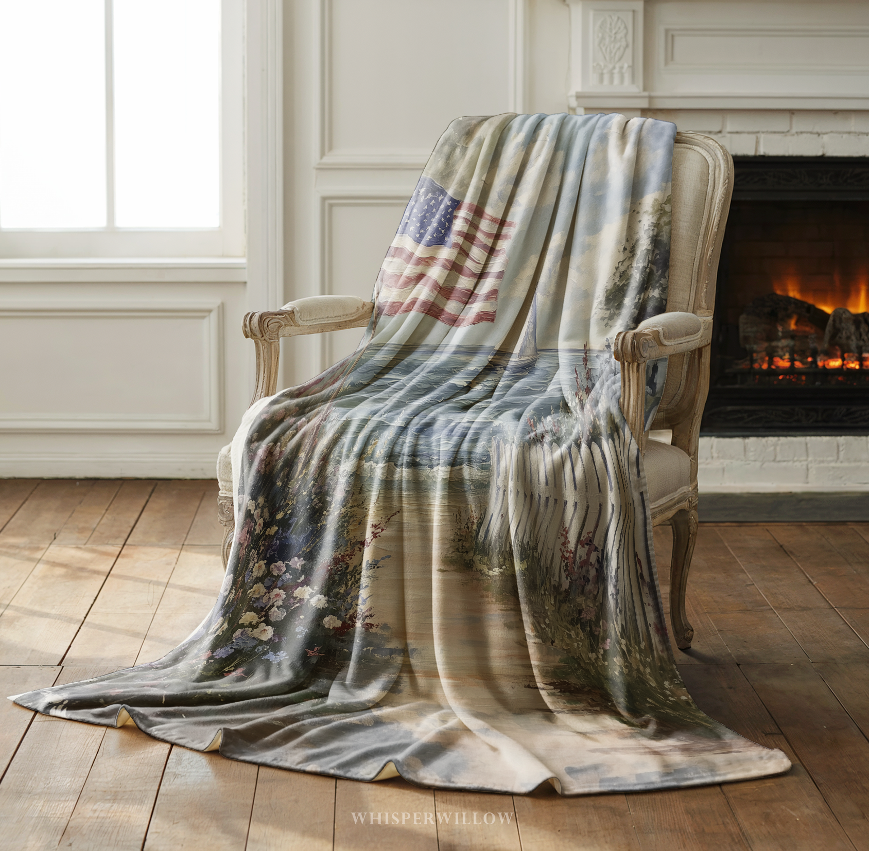 Patriotic American Flag Throw Blanket - Coastal Beach Sailboat Floral Gift