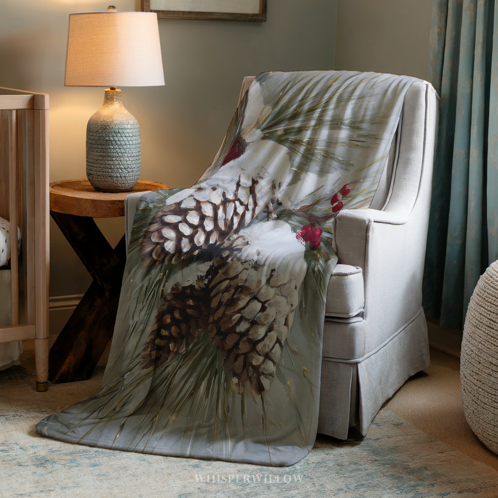 Snowy Pinecone Throw Blanket - Evergreen Red Berry Winter Gift