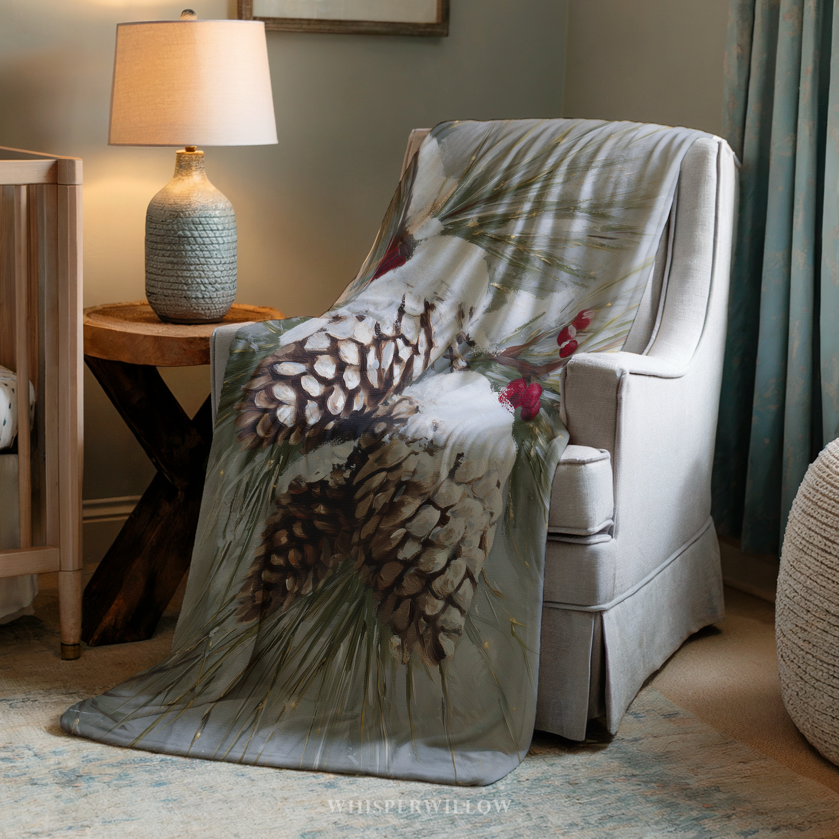 Snowy Pinecone Throw Blanket - Evergreen Red Berry Winter Gift