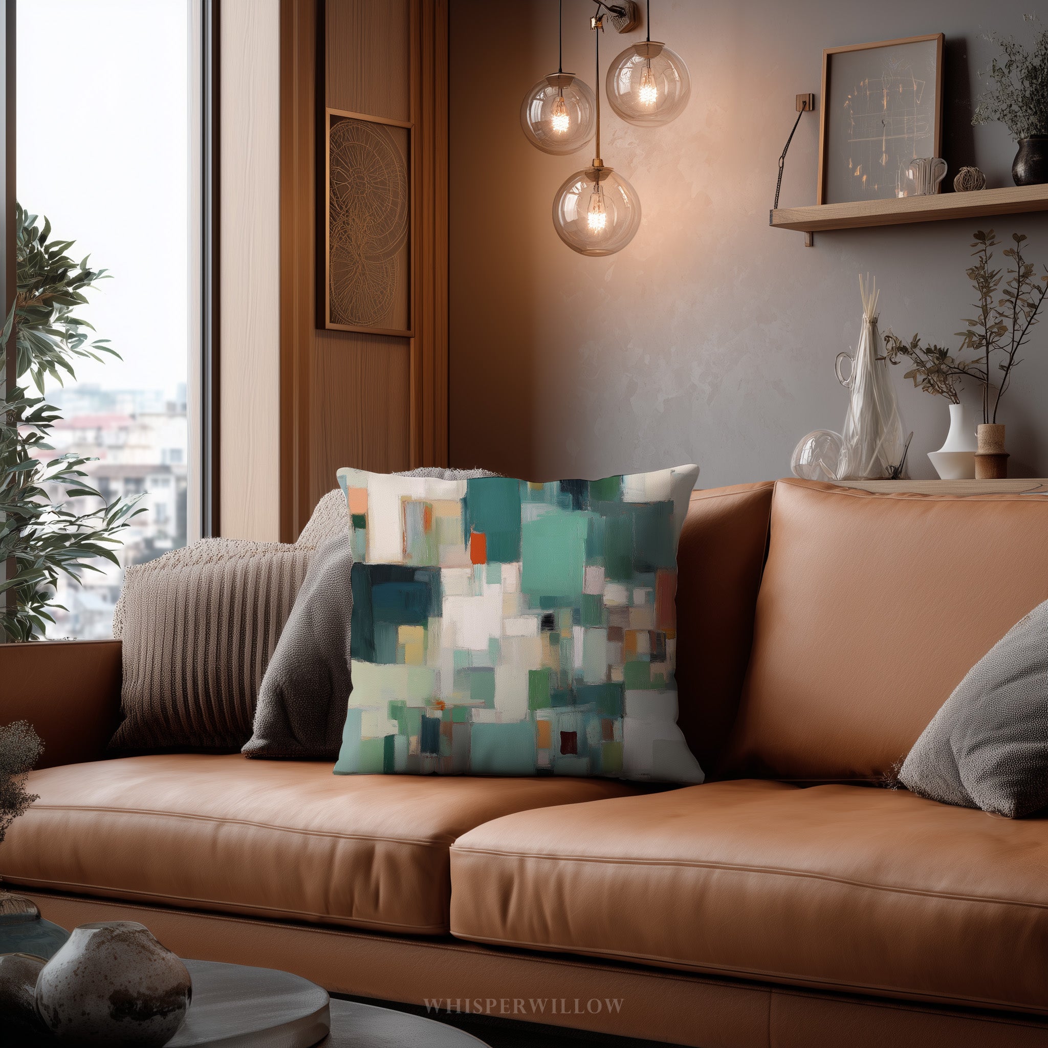 Abstract Geometric Throw Pillow | Color Block Teal Neutral Lumbar Cushion | Modern Minimalist Decor | Housewarming Gift