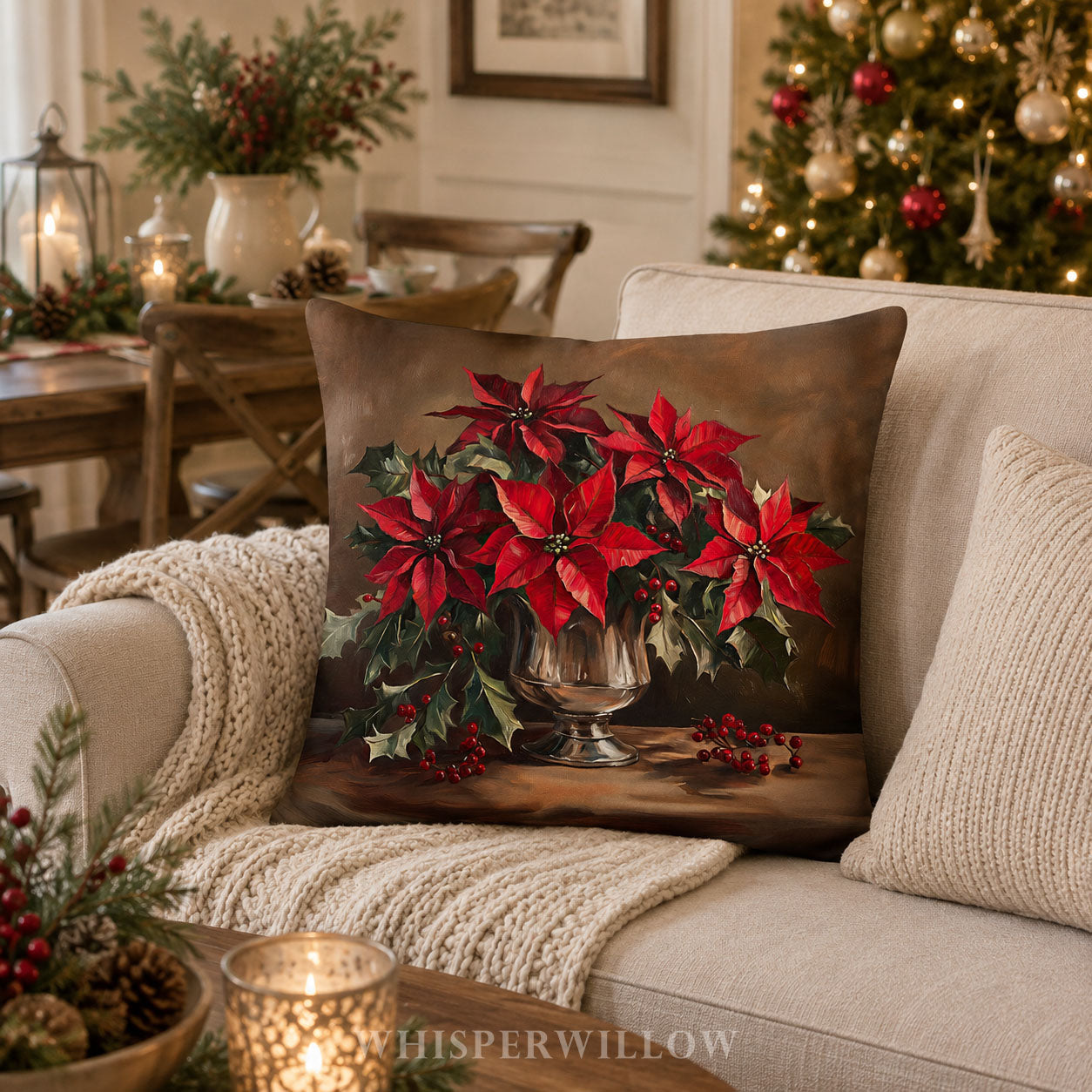 Christmas Poinsettia Throw Pillow - Red Holiday Cushion