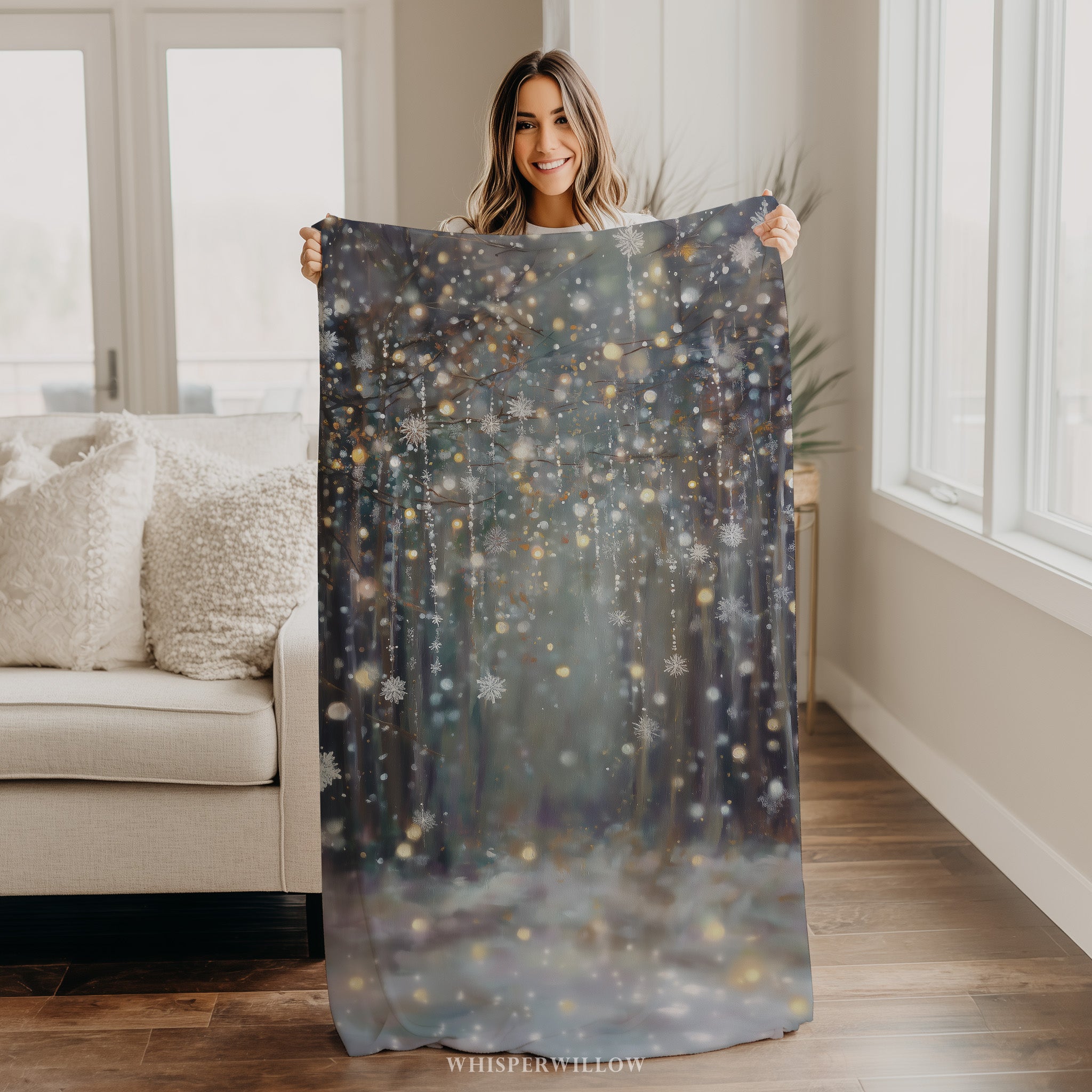 Winter Forest Snowflake Plush Throw Blanket | Glitter Look Woodland Holiday Cozy Shimmer Neutral Christmas Decor Gift by WhisperWillow Studios