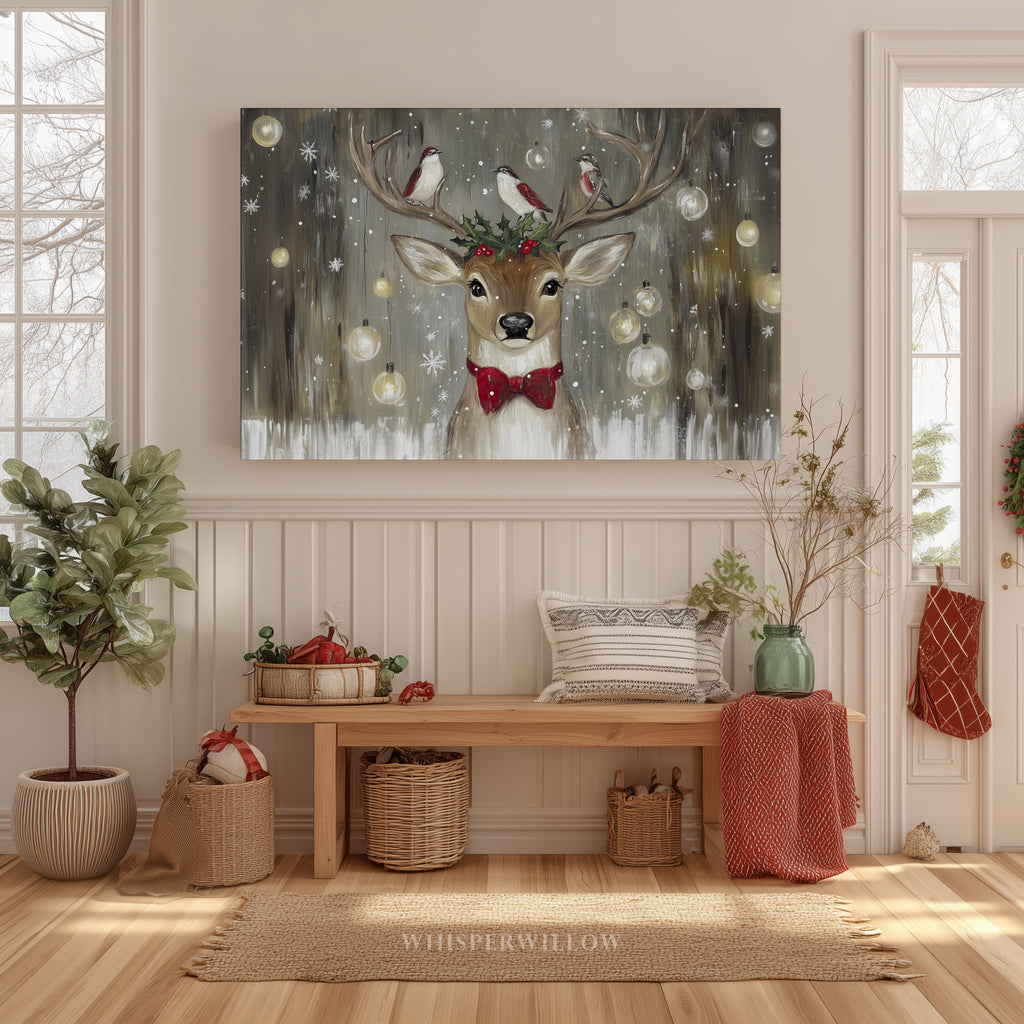 Weihnachts-Wandbild mit Rentieren und Vögeln – Rustikale rote Schleife, Stechpalme, Waldweihnachtsdeko