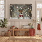 Weihnachts-Wandbild mit Rentieren und Vögeln – Rustikale rote Schleife, Stechpalme, Waldweihnachtsdeko