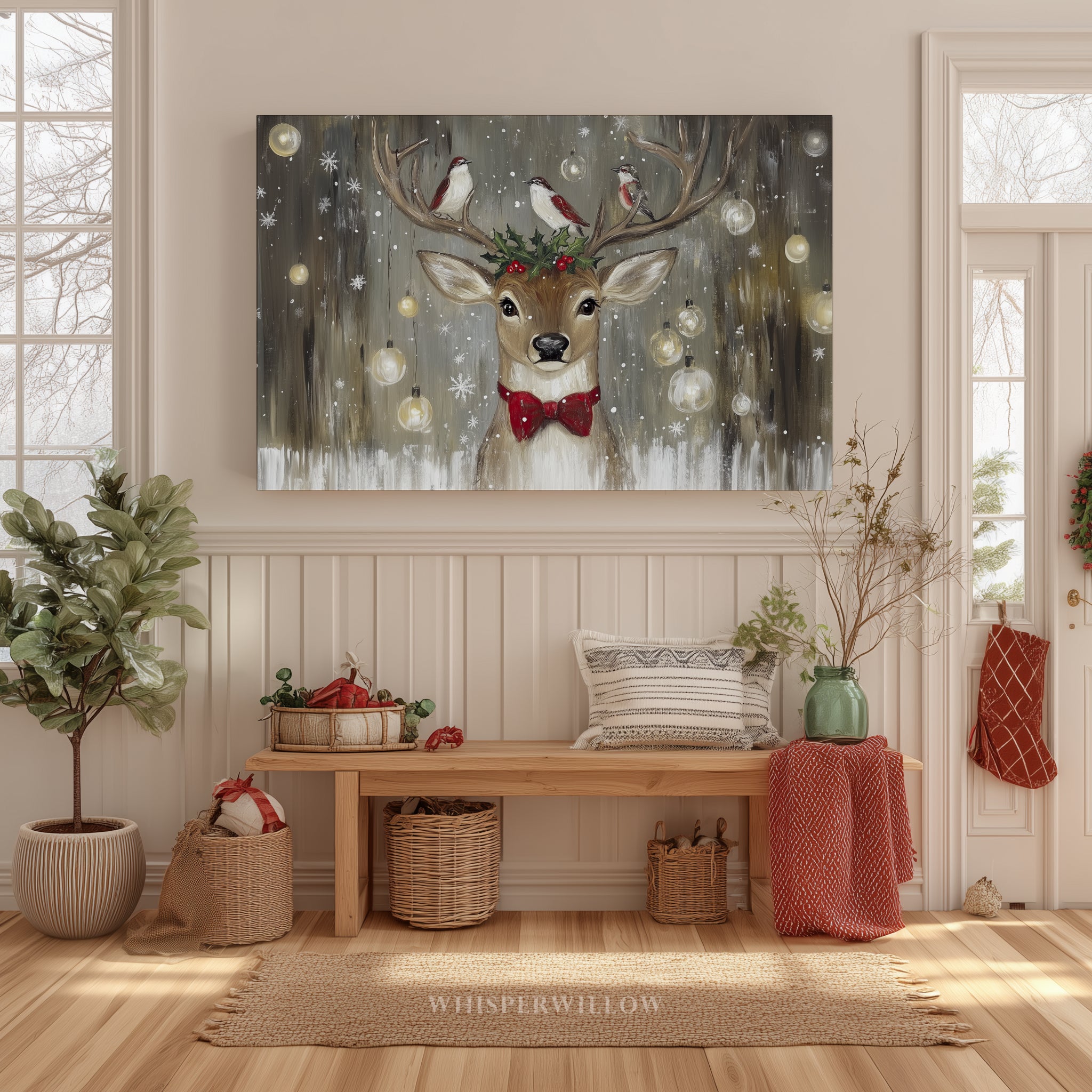 Weihnachts-Wandbild mit Rentieren und Vögeln – Rustikale rote Schleife, Stechpalme, Waldweihnachtsdeko