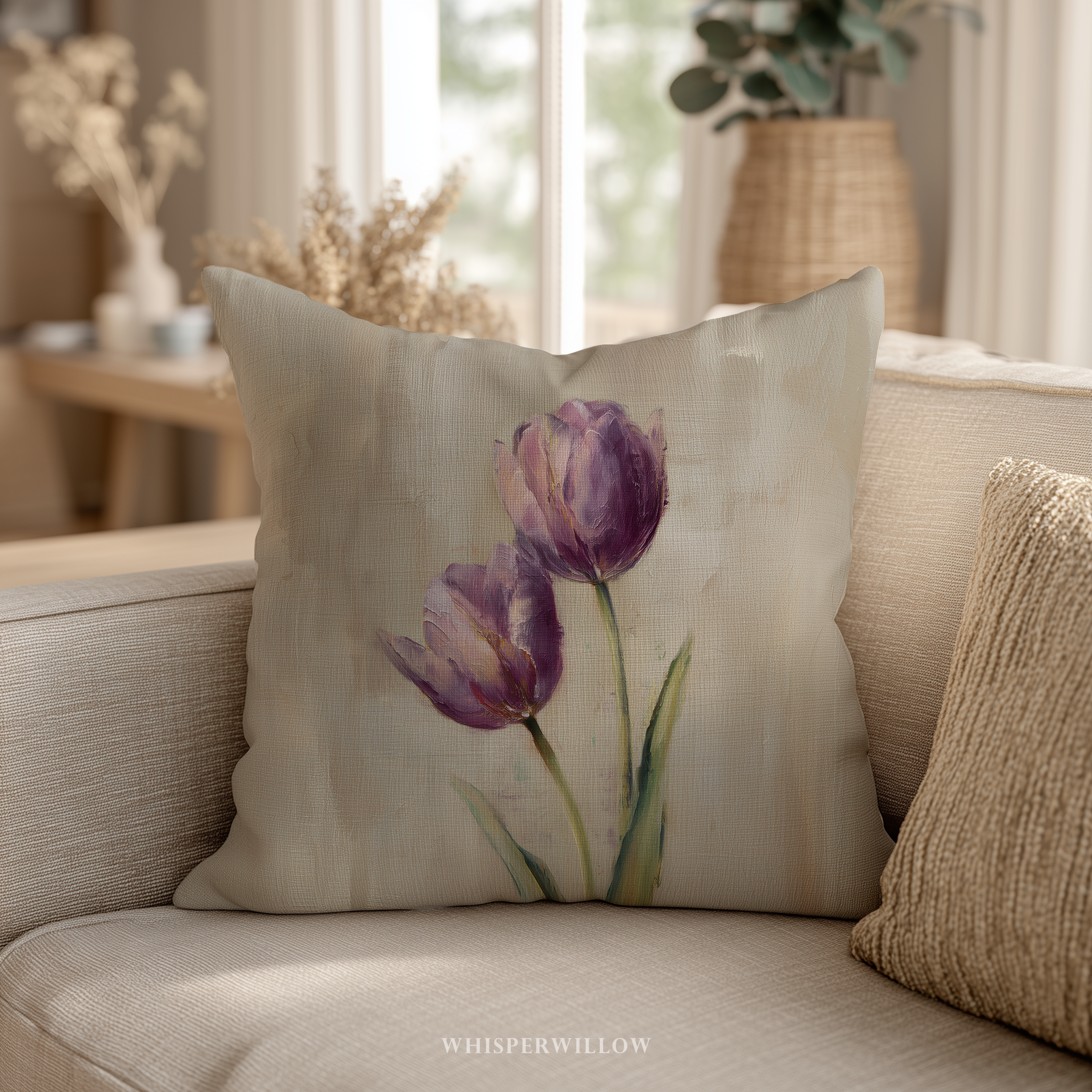 Muted Purple Tulips Throw Pillow | Botanical Floral Cushion | Neutral Beige Vintage Garden Decor | Minimalist Spring Accent