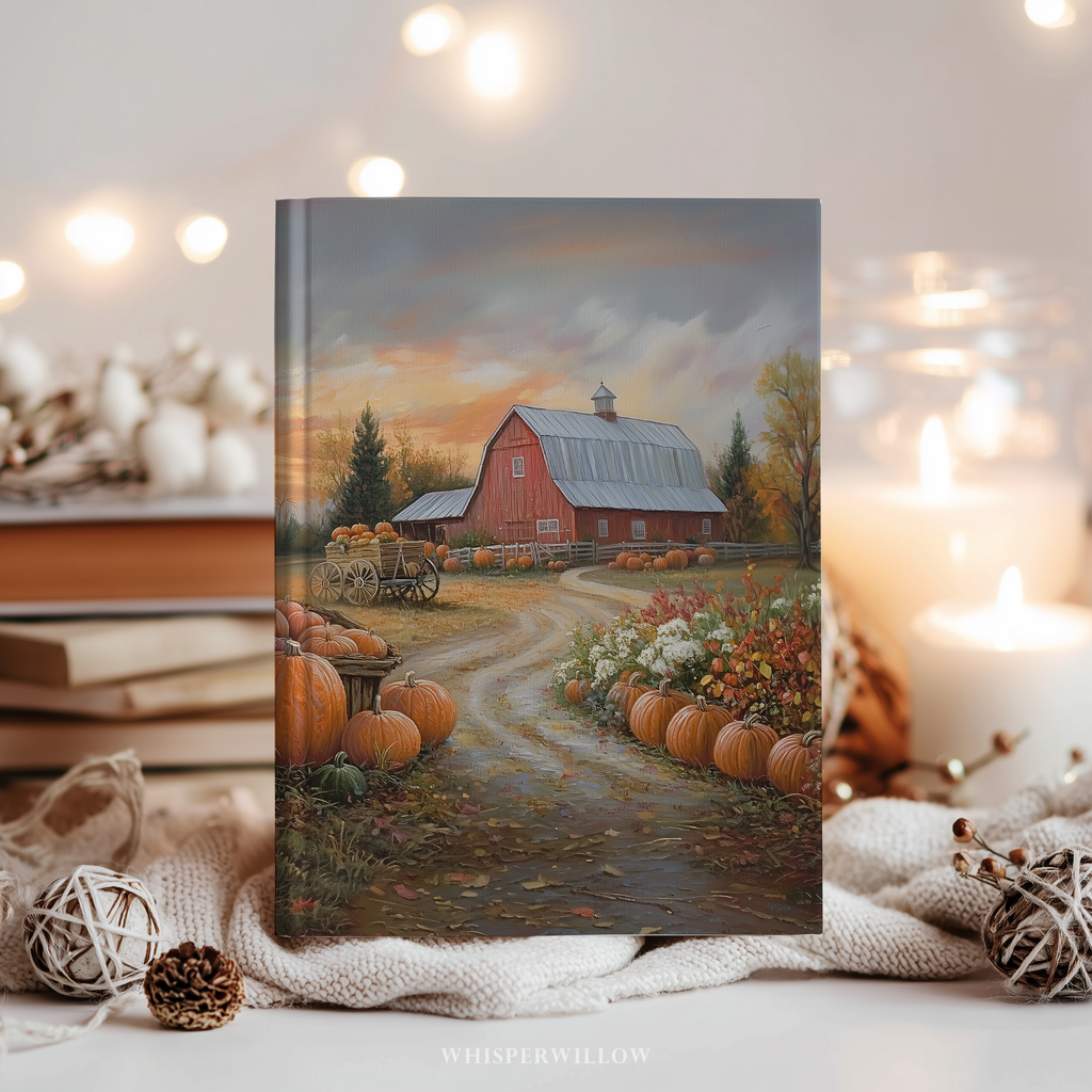 Autumn Pumpkin Farm Hardcover Journal - Red Barn Sunset Country Road Harvest Notebook Gift