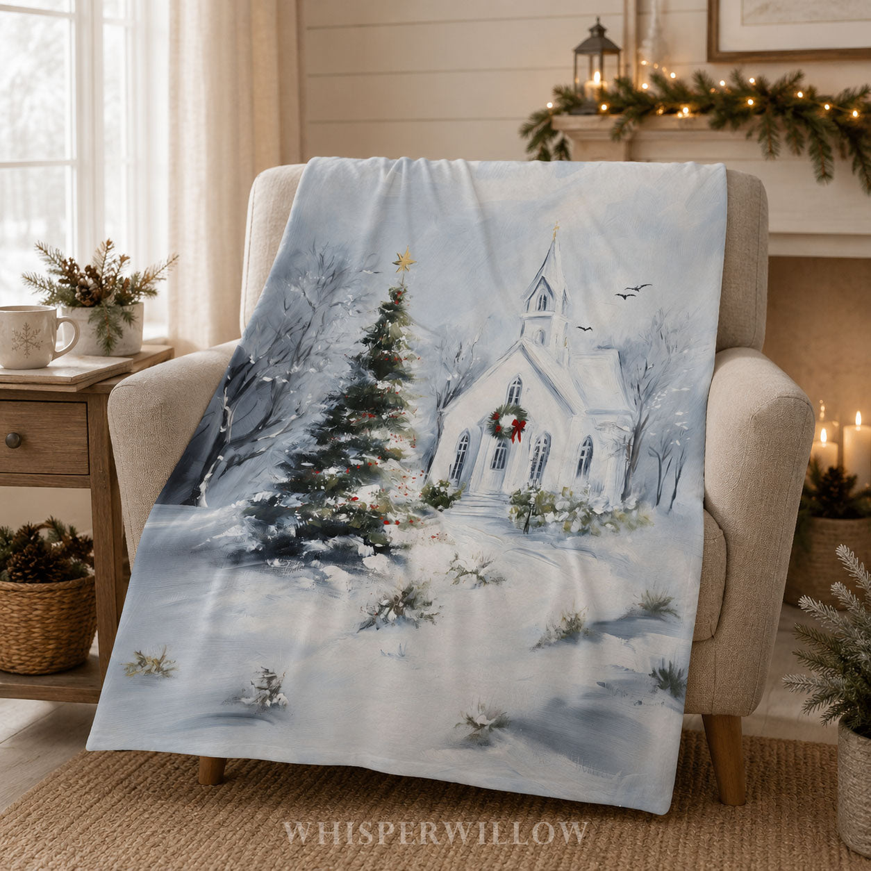 Christmas Church Plush Throw Blanket - Snowy Winter Wonderland Gift