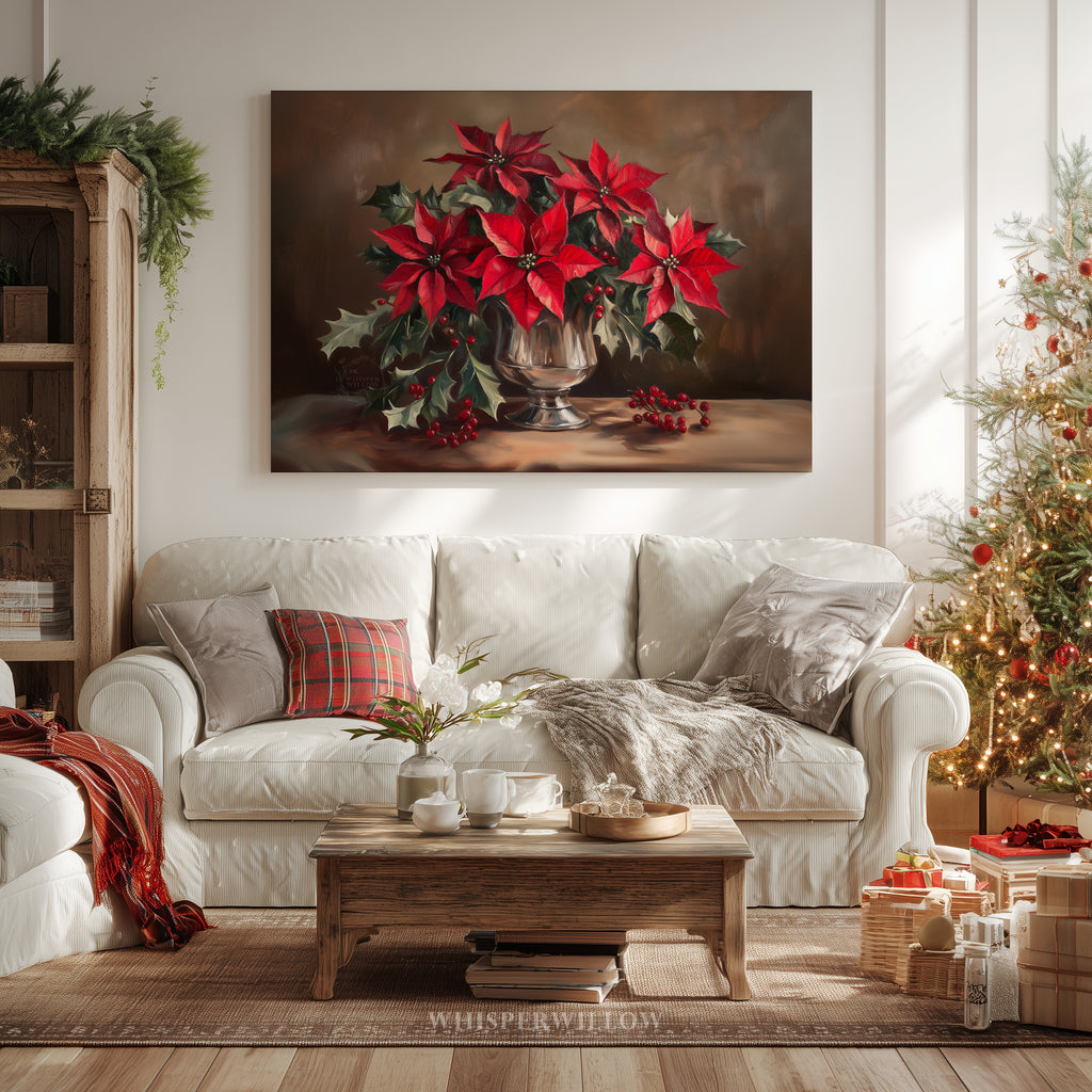 Weihnachtliches Leinwandbild | Roter Weihnachtsstern in silberner Vase | Botanische Winterdeko – Geschenkidee für Zuhause