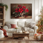 Weihnachtliches Leinwandbild | Roter Weihnachtsstern in silberner Vase | Botanische Winterdeko – Geschenkidee für Zuhause